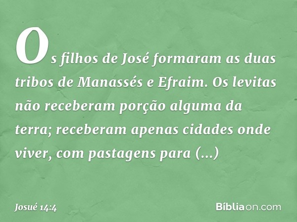 Os filhos de José formaram as duas tribos de Manassés e Efra­im. Os levitas não receberam porção alguma da terra; receberam apenas cidades onde viver, com pasta