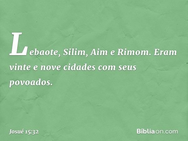 Lebaote, Silim, Aim e Rimom. Eram vinte e nove cidades com seus povoados. -- Josué 15:32