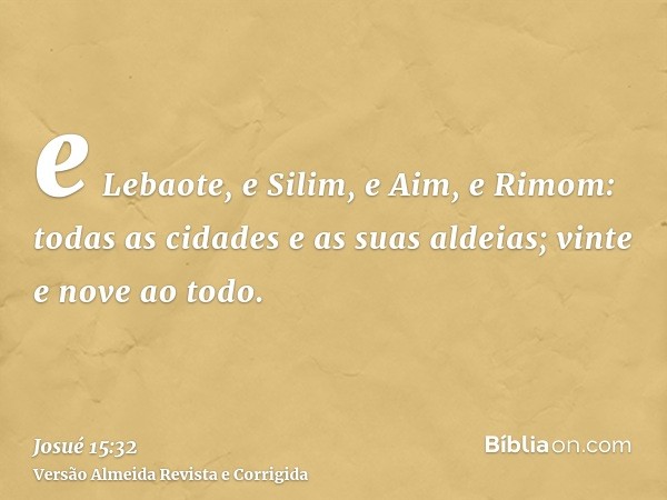 e Lebaote, e Silim, e Aim, e Rimom: todas as cidades e as suas aldeias; vinte e nove ao todo.
