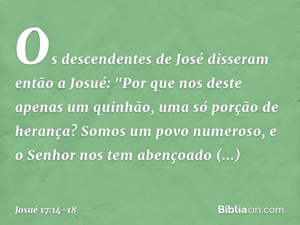 Os descendentes de José disseram então a Josué: "Por que nos deste apenas um quinhão, uma só porção de herança? Somos um povo numeroso, e o Senhor nos tem abenç