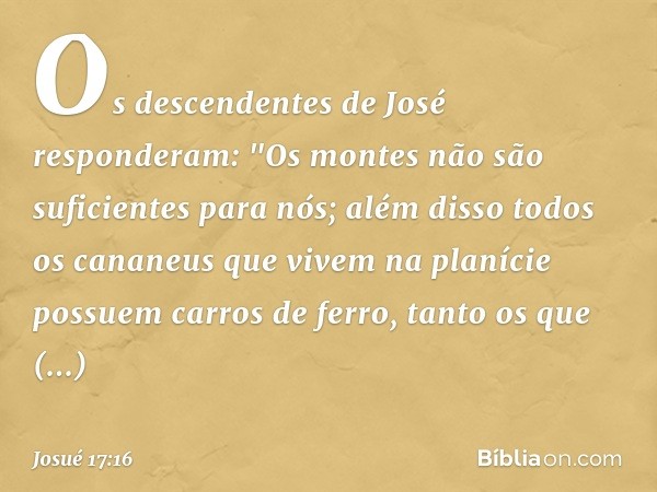 Os descendentes de José responderam: "Os montes não são suficientes para nós; além disso todos os cananeus que vivem na planície possuem carros de ferro, tanto 