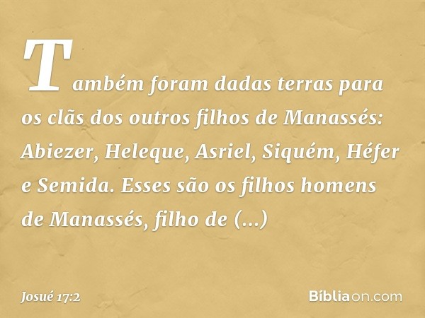 Tam­bém foram dadas terras para os clãs dos outros filhos de Manassés: Abie­zer, Heleque, Asriel, Siquém, Héfer e Semida. Esses são os filhos homens de Manassés