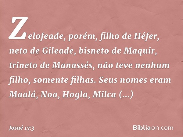 Zelofeade, porém, filho de Héfer, neto de Gileade, bisneto de Maquir, trineto de Manassés, não teve nenhum filho, somente filhas. Seus nomes eram Maalá, Noa, Ho