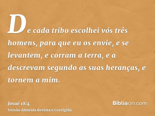 De cada tribo escolhei vós três homens, para que eu os envie, e se levantem, e corram a terra, e a descrevam segundo as suas heranças, e tornem a mim.