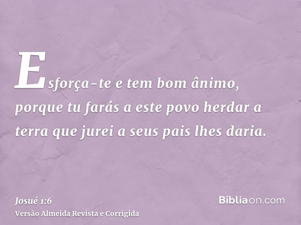 Esforça-te e tem bom ânimo, porque tu farás a este povo herdar a terra que jurei a seus pais lhes daria.