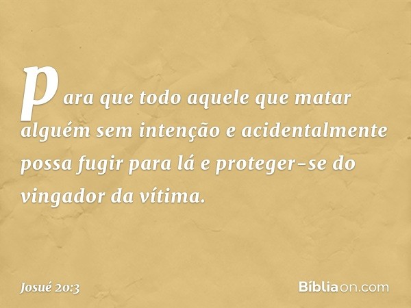 para que todo aquele que matar alguém sem intenção e acidentalmente possa fugir para lá e proteger-se do vingador da vítima. -- Josué 20:3