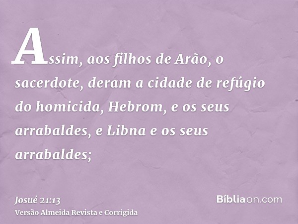 Assim, aos filhos de Arão, o sacerdote, deram a cidade de refúgio do homicida, Hebrom, e os seus arrabaldes, e Libna e os seus arrabaldes;
