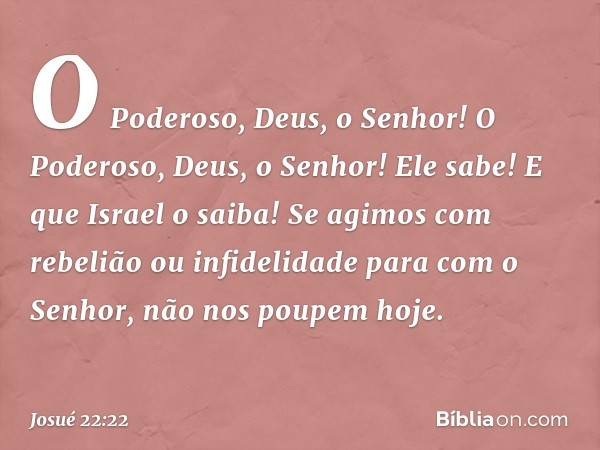 "O Poderoso, Deus, o ­Senhor! O Poderoso, Deus, o Senhor! Ele sabe! E que Israel o saiba! Se agimos com rebelião ou infidelidade para com o Senhor, não nos poup