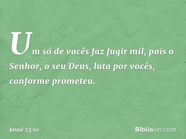 Um só de vocês faz fugir mil, pois o Senhor, o seu Deus, luta por vocês, conforme prometeu. -- Josué 23:10