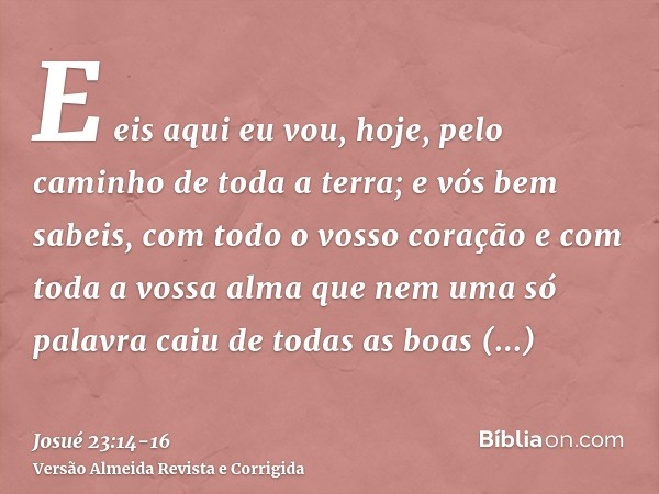 E eis aqui eu vou, hoje, pelo caminho de toda a terra; e vós bem sabeis, com todo o vosso coração e com toda a vossa alma que nem uma só palavra caiu de todas a