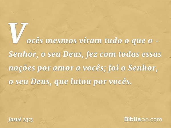 Vocês mesmos viram tudo o que o ­Senhor, o seu Deus, fez com todas essas nações por amor a vocês; foi o Senhor, o seu Deus, que lutou por vocês. -- Josué 23:3