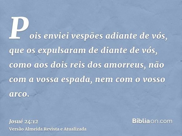 Pois enviei vespões adiante de vós, que os expulsaram de diante de vós, como aos dois reis dos amorreus, não com a vossa espada, nem com o vosso arco.