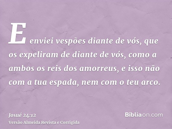 E enviei vespões diante de vós, que os expeliram de diante de vós, como a ambos os reis dos amorreus, e isso não com a tua espada, nem com o teu arco.