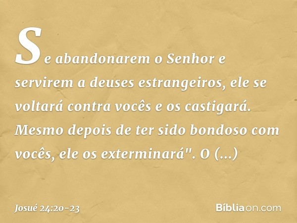 Se abandonarem o Senhor e servirem a deuses estrangeiros, ele se voltará contra vocês e os castigará. Mesmo de­pois de ter sido bondoso com vocês, ele os ex­ter