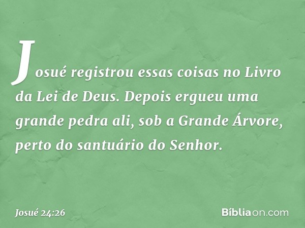 Josué registrou essas coisas no Livro da Lei de Deus. Depois ergueu uma grande pedra ali, sob a Grande Árvore, perto do santuário do Senhor. -- Josué 24:26