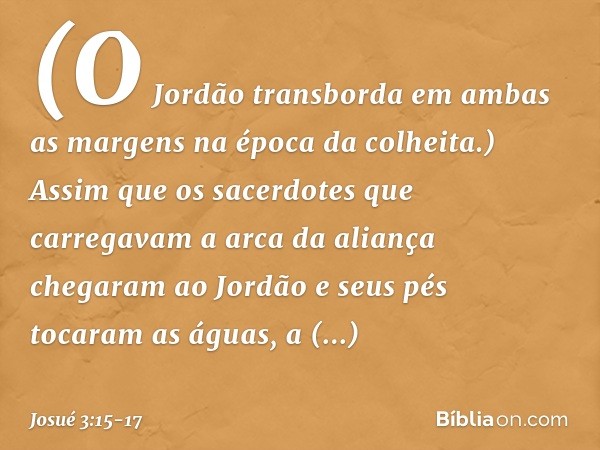 (O Jordão transborda em ambas as margens na época da colheita.) Assim que os sacerdotes que carregavam a arca da aliança chegaram ao Jordão e seus pés tocaram a