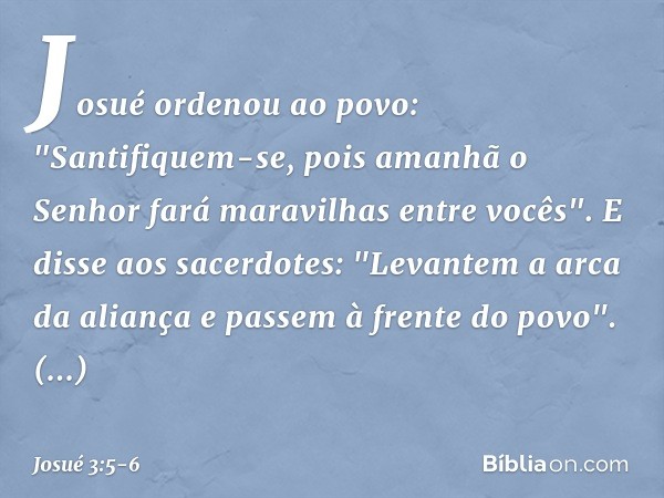 Josué ordenou ao povo: "Santifiquem-se, pois amanhã o Senhor fará maravilhas entre vocês". E disse aos sacerdotes: "Levantem a arca da aliança e passem à frente