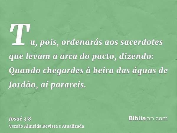 Tu, pois, ordenarás aos sacerdotes que levam a arca do pacto, dizendo: Quando chegardes à beira das águas de Jordão, aí parareis.