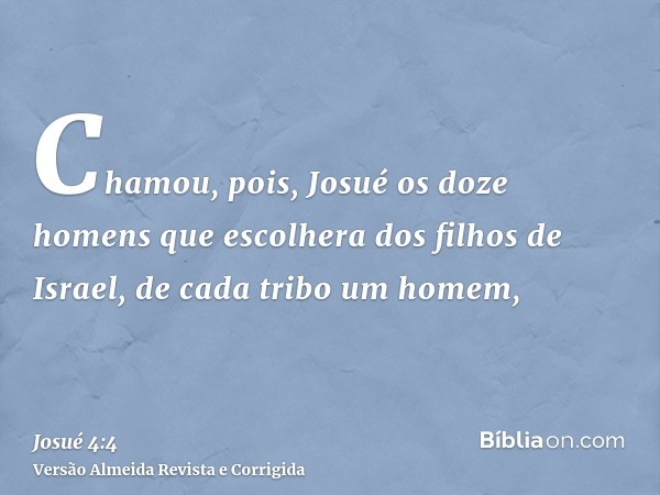 Chamou, pois, Josué os doze homens que escolhera dos filhos de Israel, de cada tribo um homem,