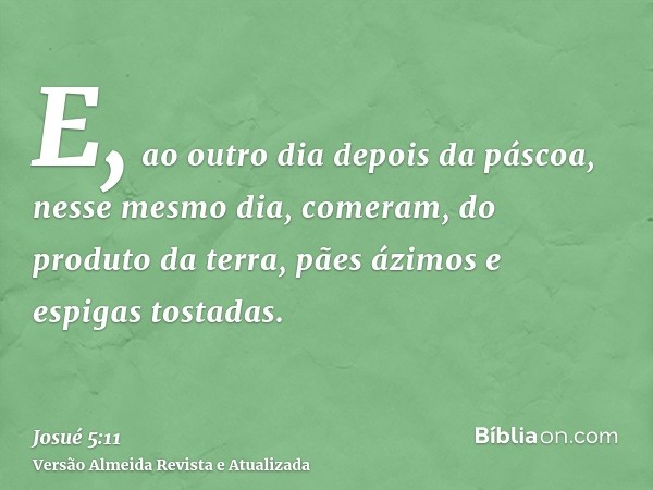 E, ao outro dia depois da páscoa, nesse mesmo dia, comeram, do produto da terra, pães ázimos e espigas tostadas.