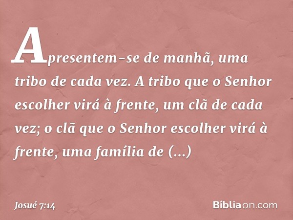 "Apresentem-se de manhã, uma tribo de cada vez. A tribo que o Senhor escolher virá à frente, um clã de cada vez; o clã que o Senhor escolher virá à frente, uma 