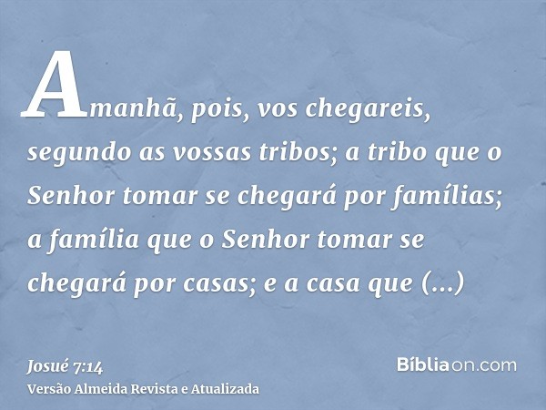 Amanhã, pois, vos chegareis, segundo as vossas tribos; a tribo que o Senhor tomar se chegará por famílias; a família que o Senhor tomar se chegará por casas; e 