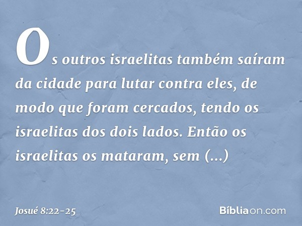 Os outros israelitas também saíram da cidade para lutar contra eles, de modo que foram cercados, tendo os israelitas dos dois lados. Então os israelitas os mata