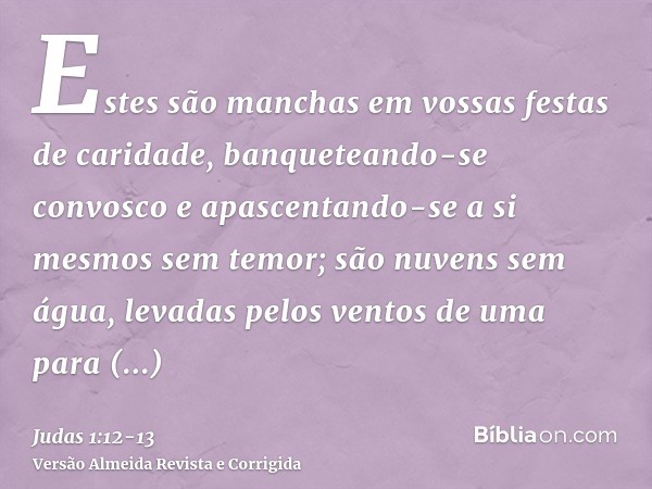 Estes são manchas em vossas festas de caridade, banqueteando-se convosco e apascentando-se a si mesmos sem temor; são nuvens sem água, levadas pelos ventos de u