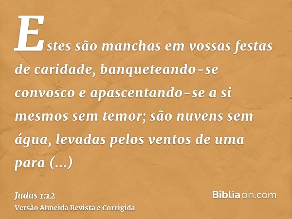 Estes são manchas em vossas festas de caridade, banqueteando-se convosco e apascentando-se a si mesmos sem temor; são nuvens sem água, levadas pelos ventos de u