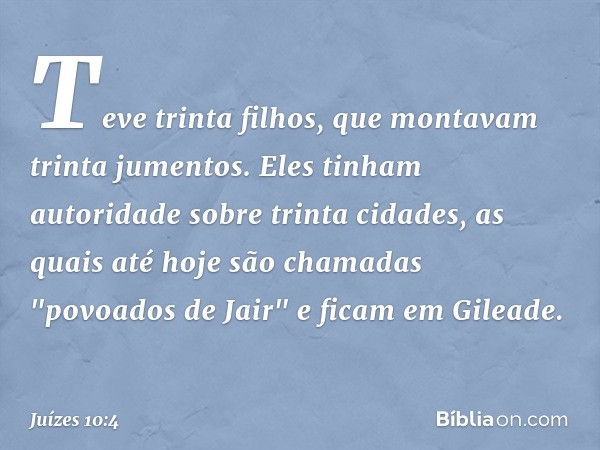 Teve trinta filhos, que montavam trinta jumentos. Eles tinham autoridade sobre trinta cidades, as quais até hoje são chamadas "povoados de Jair" e ficam em Gile