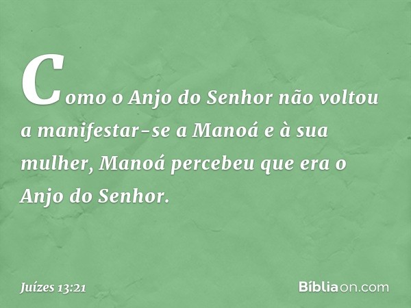 Como o Anjo do Senhor não voltou a manifestar-se a Manoá e à sua mulher, Manoá percebeu que era o Anjo do Senhor. -- Juízes 13:21