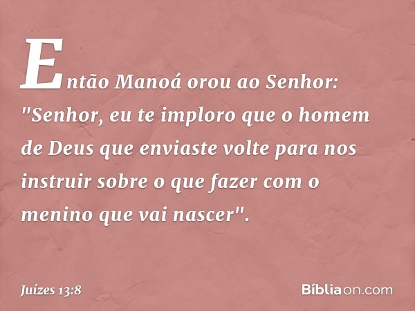 Então Manoá orou ao Senhor: "Senhor, eu te imploro que o homem de Deus que enviaste volte para nos instruir sobre o que fazer com o menino que vai nascer". -- J