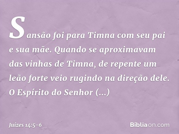 Sansão foi para Timna com seu pai e sua mãe. Quando se aproximavam das vinhas de Timna, de repente um leão forte veio rugindo na direção dele. O Espírito do Sen