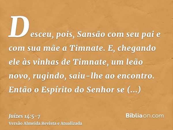 Desceu, pois, Sansão com seu pai e com sua mãe a Timnate. E, chegando ele às vinhas de Timnate, um leão novo, rugindo, saiu-lhe ao encontro.Então o Espírito do 