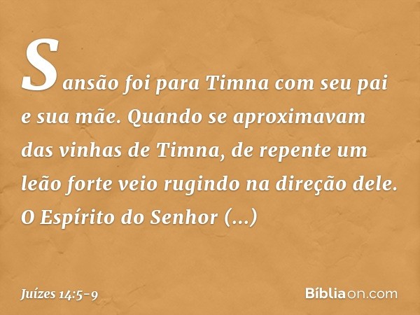 Sansão foi para Timna com seu pai e sua mãe. Quando se aproximavam das vinhas de Timna, de repente um leão forte veio rugindo na direção dele. O Espírito do Sen