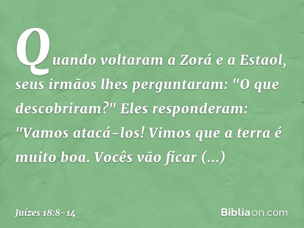 Quando voltaram a Zorá e a Estaol, seus irmãos lhes perguntaram: "O que descobriram?" Eles responderam: "Vamos atacá-los! Vimos que a terra é muito boa. Vocês v
