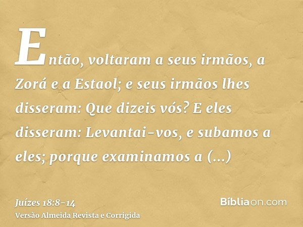 Então, voltaram a seus irmãos, a Zorá e a Estaol; e seus irmãos lhes disseram: Que dizeis vós?E eles disseram: Levantai-vos, e subamos a eles; porque examinamos
