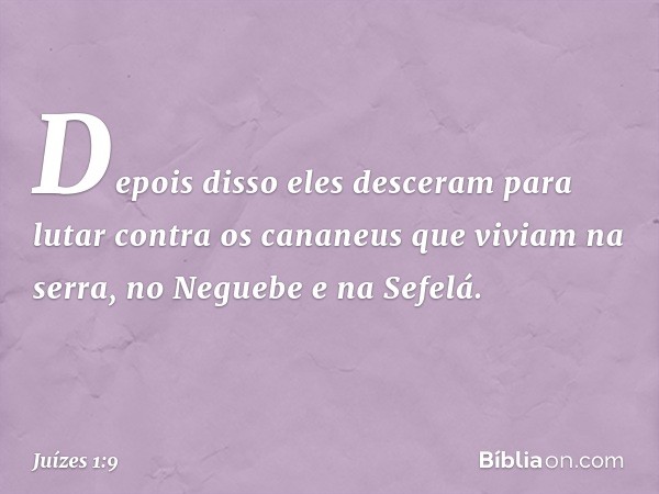 Depois disso eles desceram para lutar contra os cananeus que viviam na serra, no Neguebe e na Sefelá. -- Juízes 1:9