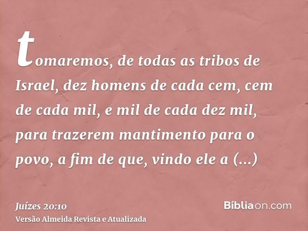 tomaremos, de todas as tribos de Israel, dez homens de cada cem, cem de cada mil, e mil de cada dez mil, para trazerem mantimento para o povo, a fim de que, vin