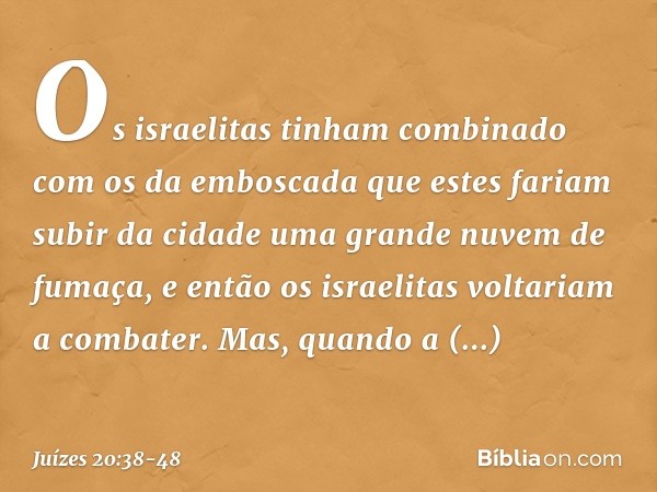 Os israelitas tinham combinado com os da emboscada que estes fariam subir da cidade uma grande nuvem de fumaça, e então os israelitas voltariam a combater. Mas,