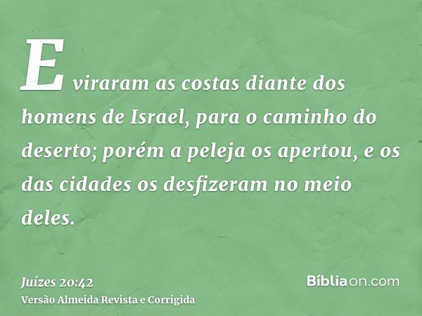 E viraram as costas diante dos homens de Israel, para o caminho do deserto; porém a peleja os apertou, e os das cidades os desfizeram no meio deles.
