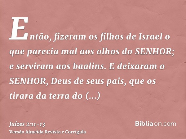 Então, fizeram os filhos de Israel o que parecia mal aos olhos do SENHOR; e serviram aos baalins.E deixaram o SENHOR, Deus de seus pais, que os tirara da terra
