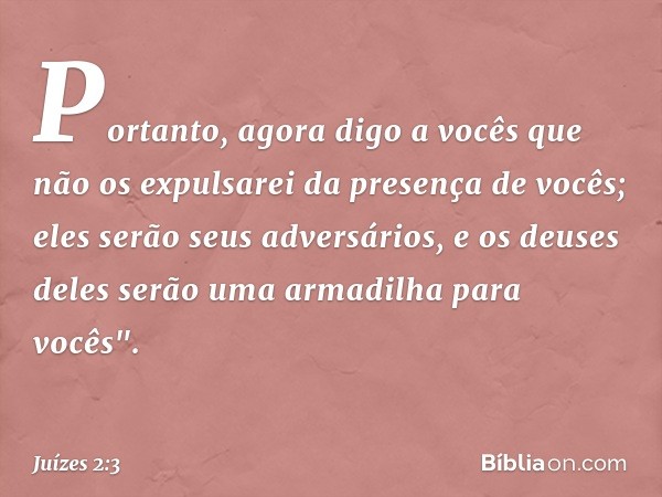 Portanto, agora digo a vocês que não os expulsarei da presença de vocês; eles serão seus adversários, e os deuses deles serão uma armadilha para vocês". -- Juíz