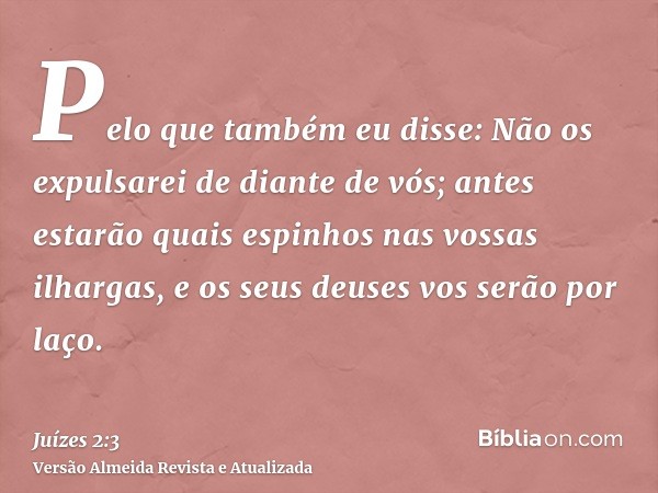 Pelo que também eu disse: Não os expulsarei de diante de vós; antes estarão quais espinhos nas vossas ilhargas, e os seus deuses vos serão por laço.