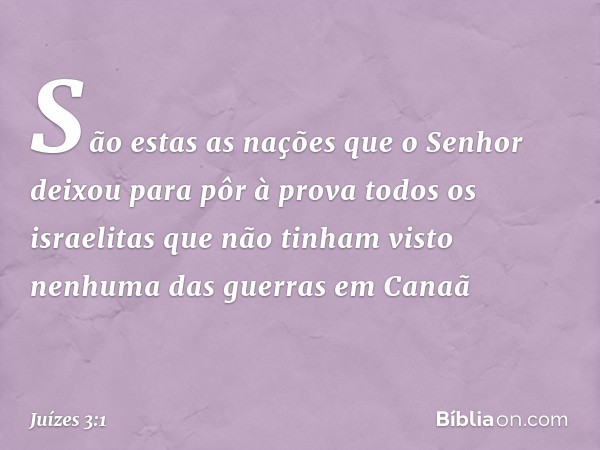 São estas as nações que o Senhor deixou para pôr à prova todos os israelitas que não tinham visto nenhuma das guer­ras em Canaã -- Juízes 3:1