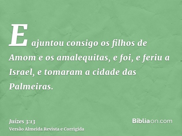 E ajuntou consigo os filhos de Amom e os amalequitas, e foi, e feriu a Israel, e tomaram a cidade das Palmeiras.