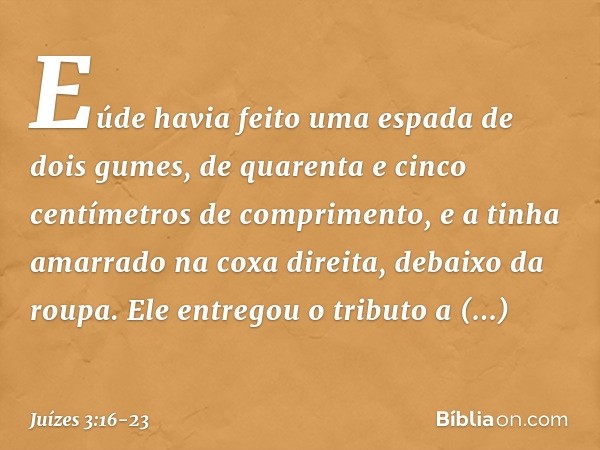 Eúde havia feito uma espada de dois gumes, de quarenta e cinco centímetros de comprimento, e a tinha amarrado na coxa direita, debaixo da roupa. Ele entregou o 