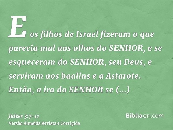 E os filhos de Israel fizeram o que parecia mal aos olhos do SENHOR, e se esqueceram do SENHOR, seu Deus, e serviram aos baalins e a Astarote.Então, a ira do SE