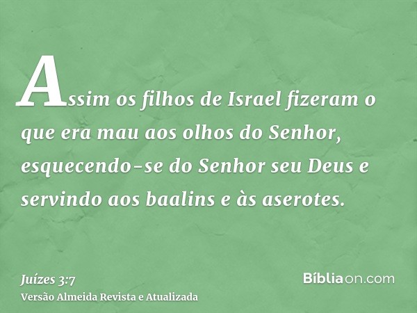 Assim os filhos de Israel fizeram o que era mau aos olhos do Senhor, esquecendo-se do Senhor seu Deus e servindo aos baalins e às aserotes.