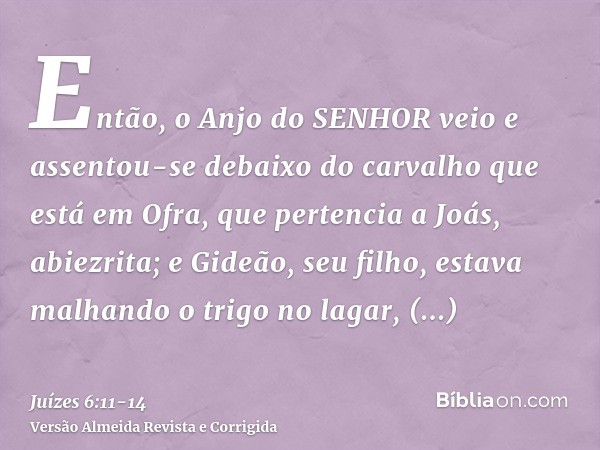 Então, o Anjo do SENHOR veio e assentou-se debaixo do carvalho que está em Ofra, que pertencia a Joás, abiezrita; e Gideão, seu filho, estava malhando o trigo n